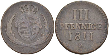 САКСОНИЯ 3 ПФЕННИГА 1811 Н, ФРИДРИХ АВГУСТ I (1806-1827) KM 1058 медь 210-213