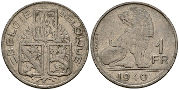 Бельгия 1 франк 1940 Belgie - Belgique KM 120 никель 217-815