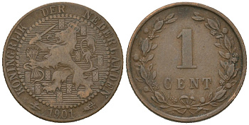 Нидерланды 1 цент 1901 Вильгельмина (1890-1948), KONINGRIJK KM 131 бронза 4615-566
