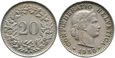 ШВЕЙЦАРИЯ 20 РАППЕНОВ 1950 В KM 29а медно-никель 4539-547