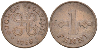 Финляндия 1 пенни 1966 KM 44 медь 192-1238