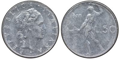 Италия 50 лир 1978 R, бог Вулкан у наковальни KM 95.1 нержавеющая сталь 4142-1145