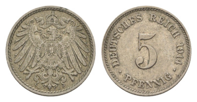 Германия 5 пфеннигов 1914 J, Вильгельм II (1888-1918) KM 11, J.12 медно-никель 4644-1111