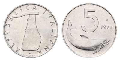 Италия 5 лир 1972 R, плуг, дельфин KM 92 алюминий UNC 4649-931