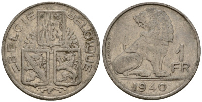Бельгия 1 франк 1940 Belgie - Belgique KM 120 никель 217-815