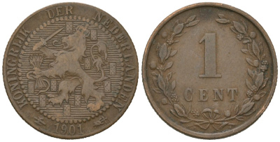 Нидерланды 1 цент 1901 Вильгельмина (1890-1948), KONINGRIJK KM 131 бронза 4615-566