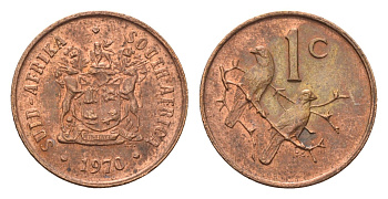 ЮАР 1 цент 1970 герб, капские воробьи KM 82 бронза aUNC 4690-1168