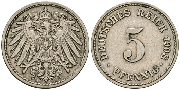 Германия 5 пфеннигов 1908 A KM 11, Jager 12, Weege 6 медно-никель 4364-4552
