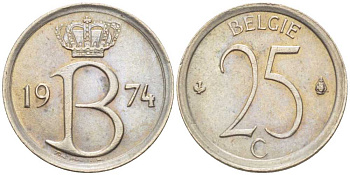 БЕЛЬГИЯ 25 САНТИМОВ 1974 BELGIE, БОДУЭН I (1951-1993) KM 154.1 медно-никель 214-155