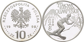 Польша 10 злотых 1998 MW, XVIII Зимние Олимпийские игры в Нагано 1998 года, сноуборд KM 341 серебро PROOF 1080-9-51
