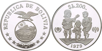 Боливия 200 песо 1979 Международный год защиты детей KM 198 серебро PROOF 01-148-41