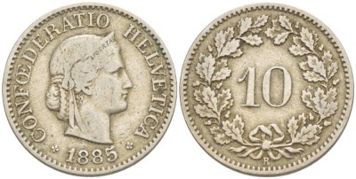 Швейцария 10 раппенов 1885 В KM 27 медно-никель 4541-241