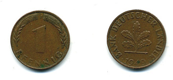 ФРГ 1 ПФЕННИГ 1949 J KM А101, J.376 сталь плакированная медью 54-316