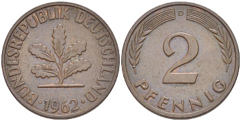 ФРГ 2 ПФЕННИГА 1962 D KM 106, J. 381 бронза 4181-731