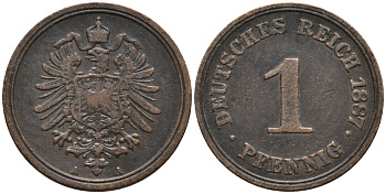 Германия 1 пфенниг 1887 A, старогербовка KM 1 медь 44-1058