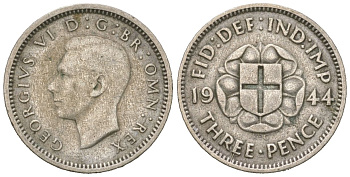 Великобритания 3 пенса 1944 Георг VI (1936-1952) KM 848, Spink 4085 серебро 4618-1031