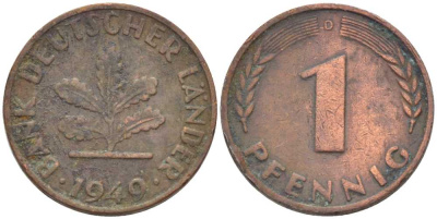 ФРГ 1 ПФЕННИГ 1949 D KM А101, J.376 сталь плакированная медью 4396-1624
