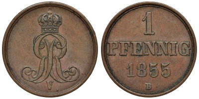Ганновер 1 пфенниг 1855 B, Георг V KM 221, AKS 155, J. 83 медь 4594-529