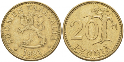 ФИНЛЯНДИЯ 20 ПЕННИ 1981 K KM 47 алюминиевая бронза 3718-516