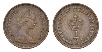 Великобритания 1/2 пенни 1971 Елизавета II (1952-2022) KM 914, Spink 4239 бронза 4697-855