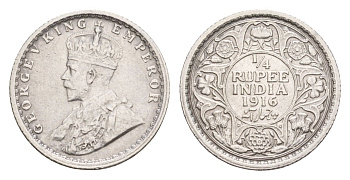 Британская Индия 1/4 рупии 1916 Георг V (1910-1936) KM 518 серебро    1528-1244