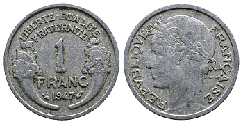 ФРАНЦИЯ 1 ФРАНК 1947 KM 885a.1 алюминий 261-433