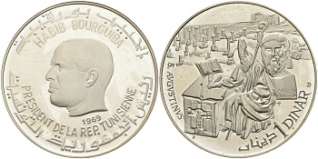 Тунис 1 динар 1969 Хабиб Бургиба, святой Августин KM 296 серебро PROOF 1098-4-53