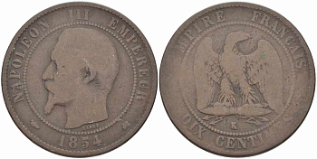 ФРАНЦИЯ 10 САНТИМОВ 1854 K, НАПОЛЕОН III (1852-1870) KM 771.5, LE FRANC 133.15 бронза 38-931