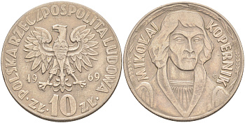 ПОЛЬША 10 ЗЛОТЫХ 1969 MW, НИКОЛАЙ КОПЕРНИК KM 51a медно-никель 4111-242