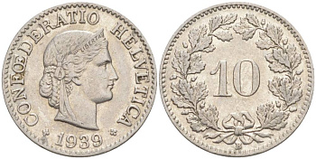 Швейцария 10 раппенов 1939 B KM 27b никель     201-417