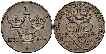 Швеция 1 эре 1920 Густав V (1907-1950) KM 777.2 бронза 4549-1066