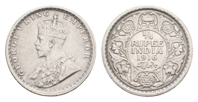 Британская Индия 1/4 рупии 1916 Георг V (1910-1936) KM 518 серебро    1528-1244
