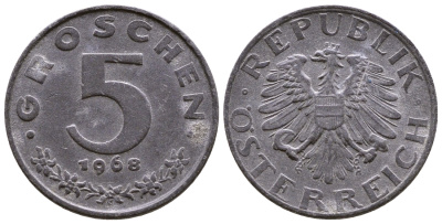АВСТРИЯ 5 ГРОШЕЙ 1968 КМ 2875 цинк 4379-548