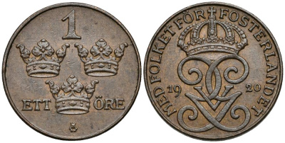 Швеция 1 эре 1920 Густав V (1907-1950) KM 777.2 бронза 4549-1066