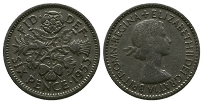 Великобритания 6 пенсов 1953 Елизавета II (1952-2022) KM 889, Spink 4141 медно-никель 4381-634