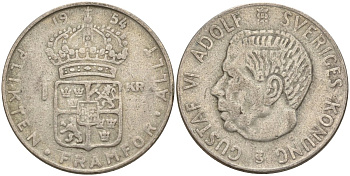 Швеция 1 крона 1954 TS, Густав VI Адольф (1950-1973) KM 826 серебро 4148-1141