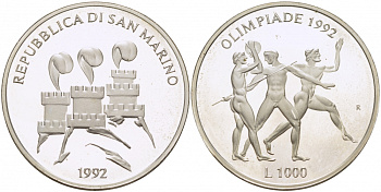 Сан-Марино 1000 лир 1992 XXV летние Олимпийские игры в Барселоне 1992 года, легкая атлетика KM 277 серебро PROOF 1077-9-12
