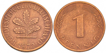 ФРГ 1 ПФЕННИГ 1972 J KM 105, J.380 сталь плакированная медью 4396-1522