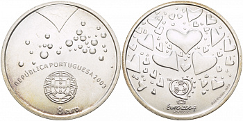Португалия 8 евро 2003 Чемпионат Европы по футболу UEFA ЕВРО-2004 в Португалии, логотип чемпионата, сердца KM 751 серебро UNC 06-255-35
