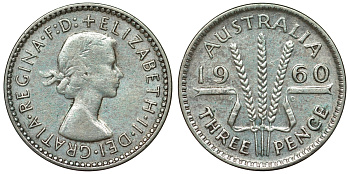 Австралия 3 пенса 1960 m, Елизавета II (1952-2022) KM 57 серебро 71-644