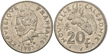 Французская Новая Каледония 20 франков 1983 три быка, (IEOM) KM 12, Schoen 14, Lec 111 никель 4120-835