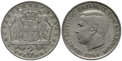 Греция 2 драхмы 1966 Константин II (1966-1973) KM 90 медно-никель 4525-716