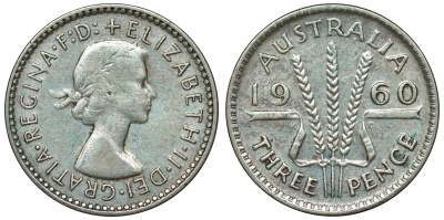 Австралия 3 пенса 1960 m, Елизавета II (1952-2022) KM 57 серебро 71-644