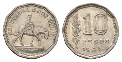 Аргентина 10 песо 1965 Гаучо KM 60 сталь плакированная никелем 4116-614
