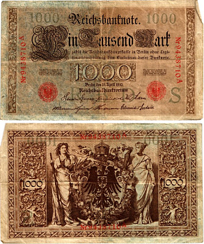 Германия 1000 марок 1910 Pick 44b бумага 7547-37-3-1