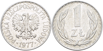 ПОЛЬША 1 ЗЛОТЫЙ 1977 MW KM 49.1, Parchimowicz 213o алюминий 216-831