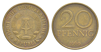 ГДР 20 пфеннигов 1969 А, первый год KM 11 латунь 4647-816