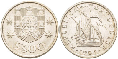 ПОРТУГАЛИЯ 5 ЭСКУДО 1984 ПАРУСНИК KM 591 медно-никель UNC 4513-1056