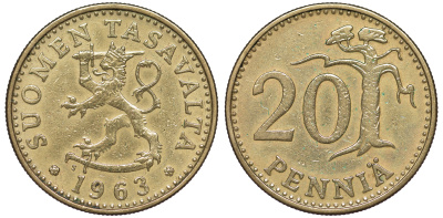 Финляндия 20 пенни 1963 S KM 47 алюминиевая бронза 259-517