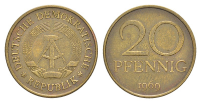 ГДР 20 пфеннигов 1969 А, первый год KM 11 латунь 4647-816